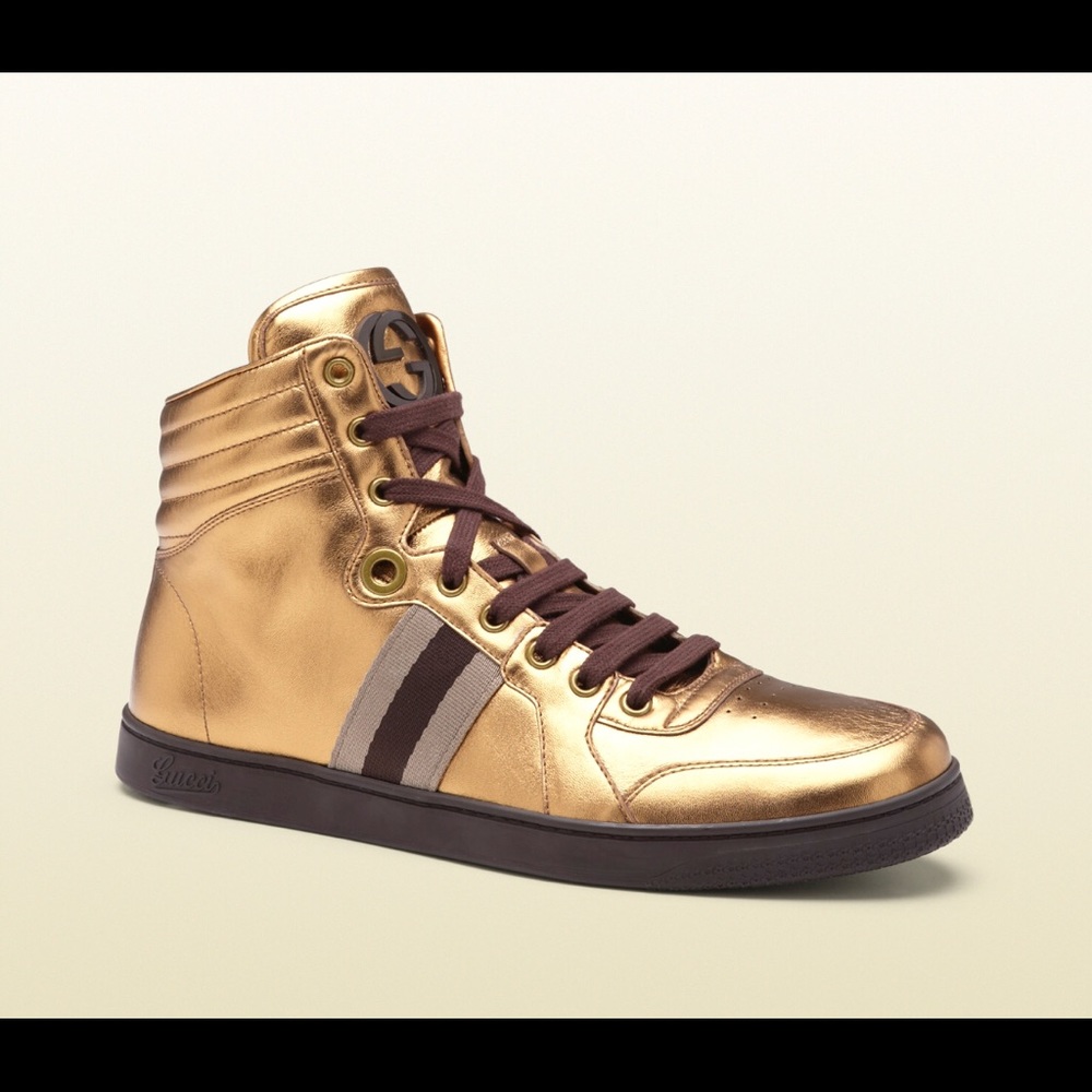 Authentic Gucci Bronze Leather High Top Sneakers